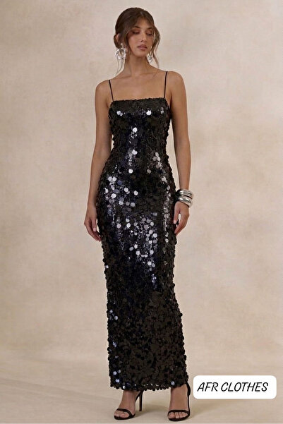 AFR CLOTHES Women's Black-Silver Glow Large Sequined Maxi Size Invitation Par...