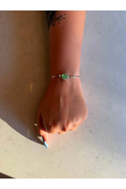 ROYAL SPARK Elegant Silver Color Bracelet with Green Cat's Eye Stone