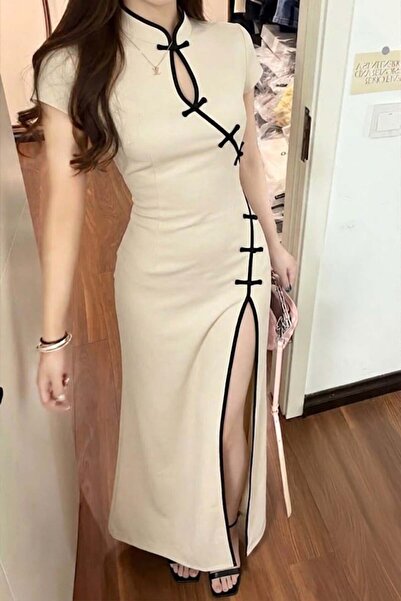 Köstebek White Mandarin Collar Black Striped Qipao Y2K Dress
