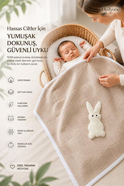 HEDYONE Baby Pique Blanket Waffle 100% Cotton 110X110 cm with Rabbit Appliqué