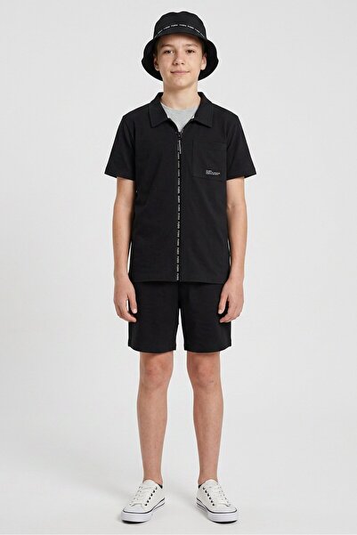 Fudo Kids Boy 3 Pieces Brand Logo Shirt With Shorts And Bucket Hat Set, Black