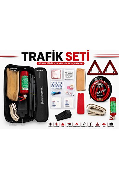 Adıfeks Araç Trafik Seti Lüx Muayene İçeriği 7 Parça Tam Donanımlı | 4 Yıllık Yangın Söndürücü, 1200 Amper Takviye Kablosu, İlk Yardım Çantası, Reflektör, Takoz, Boyunluk