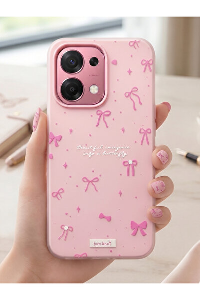 Rivor Oppo A6 Pro 4G/5G Uyumlu Kılıf Pembe 3D Kurdeleli Fiyonk Desenli Kamera...