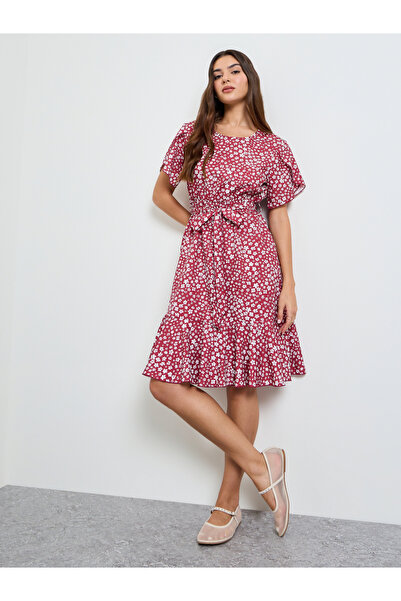 Take Two By Styli Red Ditsy Print A-Line Knee Length Dress