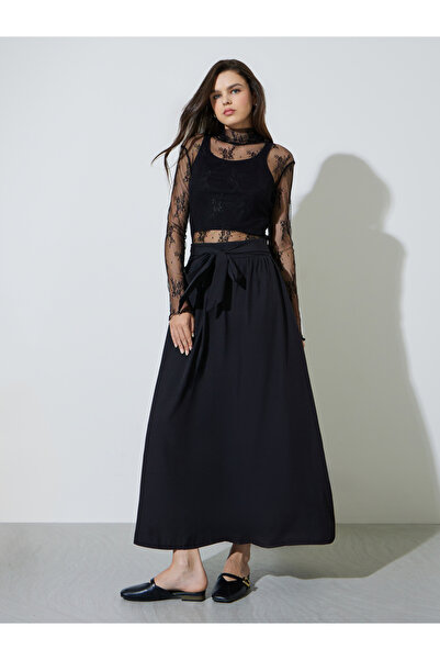 Take Two By Styli Black Tie-Waist Maxi Skirt with Side Slit