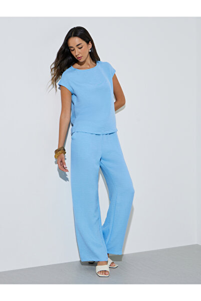 Styli Blue Solid Woven Cap Sleeve Top and Wide Leg Pants Set
