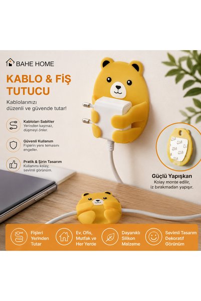 bahe home Ayı Şeklinde Kablo ve Fiş Tutucu Kendinden Yapışkanlı Şarj Kablosu Düzenleyici Silikon Priz Askısı Tekli