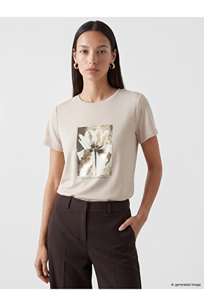 LC Waikiki Gray Crew Neck Printed Women's T-Shirt