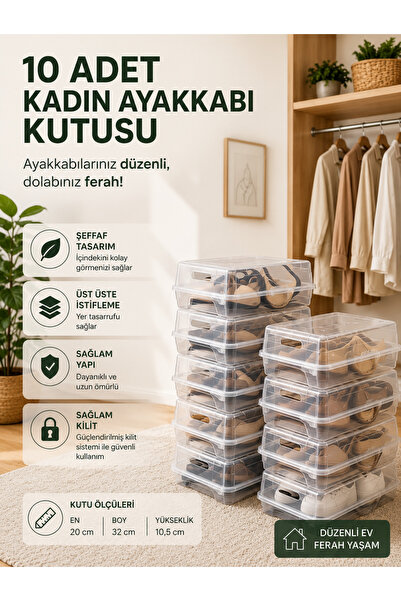 VİZYON SEPET 10 Adet Kadın Ayakkabı Kutusu Şeffaf Ayakkabı Düzenleyici Organi...