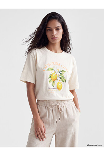 LC Waikiki Xside Beige 100% Cotton Oversize Women's T-Shirt