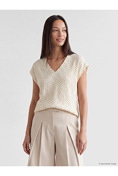LC Waikiki Lcw Everyday Brown V-Neck Polka Dot Women's T-Shirt