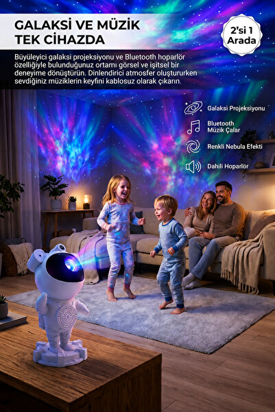 Maybax Astronot Aurora Galaksi Projeksiyon Gece Lambası Bluetooth Hoparlörlü Uzaktan Kumandalı LED Işık