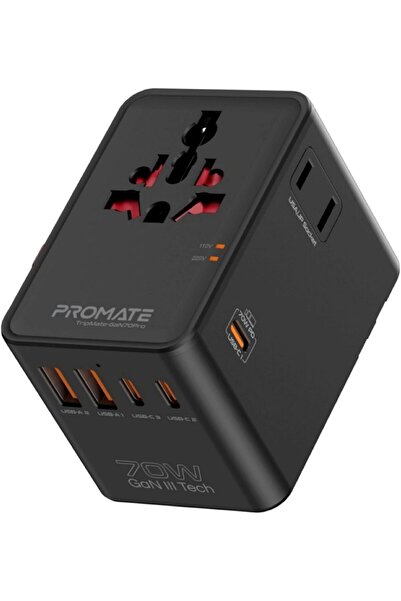 Promate 70W Universal Travel Adapter with GaN Fast Charging, 3 USB-C Ports, 2...