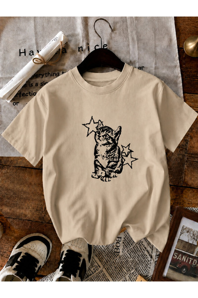 ZİYMO Women's Y2K Star Cat Printed Oversized T-Shirt Beige Beige