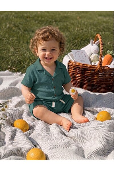 OMY Cotton Waffle Fabric Shirt with Buttons, Summer Shorts Set, Ages 1-5