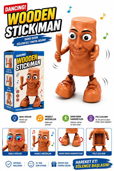 İlknurtoys Dans Eden Wooden Stick Man Müzikli Işıklı Hareketli Oyuncak | Pilli Dansçı Ahşap Adam Eğlenceli Oyuncak 3+ Yaş