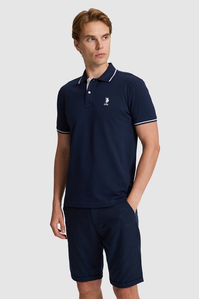 U.S. Polo Assn. تيشيرت رجالي أساسي بياقة بولو وقصة ضيقة باللون الأزرق الداكن 50326975-VR033