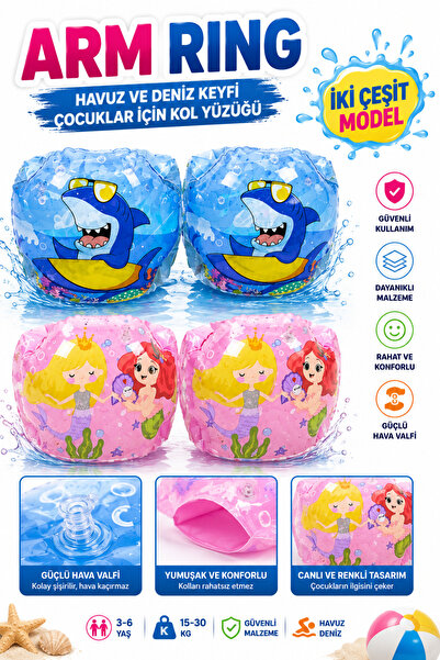 İlknurtoys Çocuk Şişme Kol Yüzüğü Mavi Köpekbalığı Desenli 22 cm | Havuz Deniz Yüzme Kolluğu 3-6 Yaş 15-30 Kg