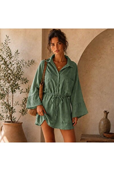 ladyzey kadın yeşil gömlek yaka düğmeli kimono kol çift çepli mini elbise
