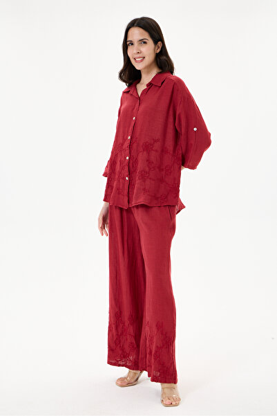 della moor Women's Burgundy Italian 100% Linen Floral Embroidered Trousers - ...