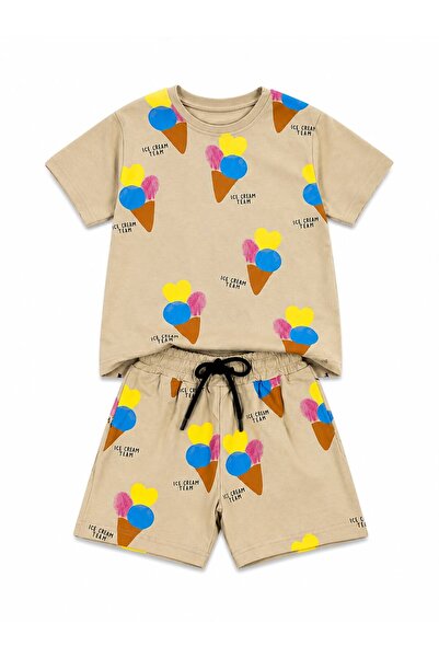 YİGİT BUTİK Girls' Summer Set Colorful Ice Cream Printed T-Shirt and Shorts S...