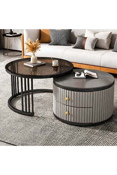 ABX HOME 2-Piece Modern Wooden Coffee Table Set – Minimalist Round Center Tab...