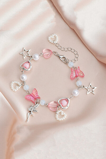 THE Steel Pink Beaded Butterfly Star Charm Women's Bracelet