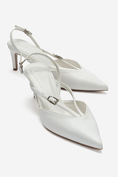 LuviShoes Armonia White Leather Women's Heeled Shoes with Tape Detail
