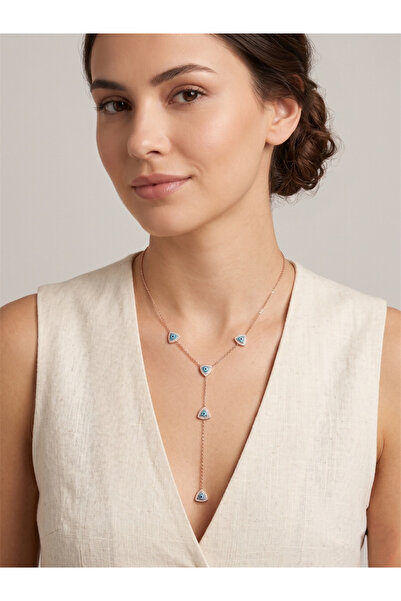 Pelin Aksesuar Rose Gold Color Y Necklace with Blue Triangle Stone