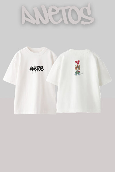 Anetos Dropout Bear Kaws Design Printed Unisex Oversize White Tshirt
