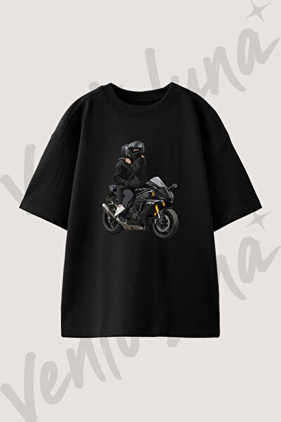Vento Luna Motorcu Ask Tasarım Baskılı Unisex Oversize Kalıp Siyah Tshirt