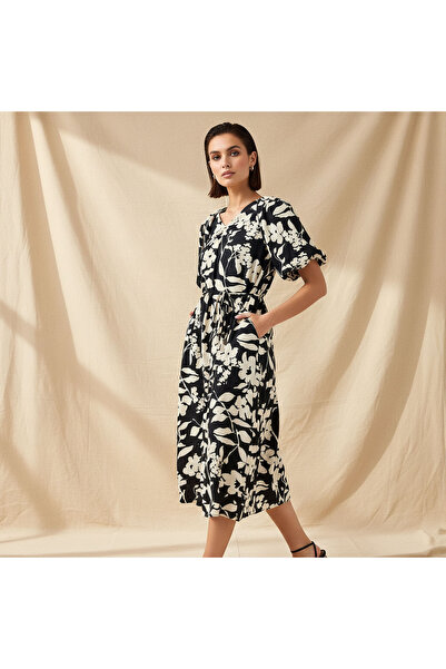 FAV Midi Floral Print Women Dress with Balloon Sleeves