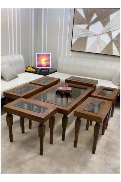MANAR CORNER طقم طاولة قهوة , خشب بني , سطح زجاج