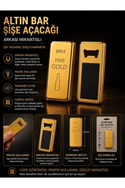 Razmo Külçe Altın Şeklinde Şişe Açacağı Gold Tasarım Kolay Kullanım Mahnet Şe...