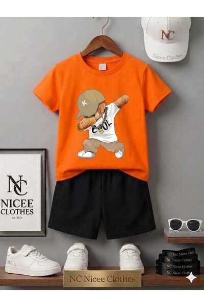 NC Nicee Clothes تي شيرت صيفي للأطفال شورت يونيسكس (مطبوع مع قبعة بيج)