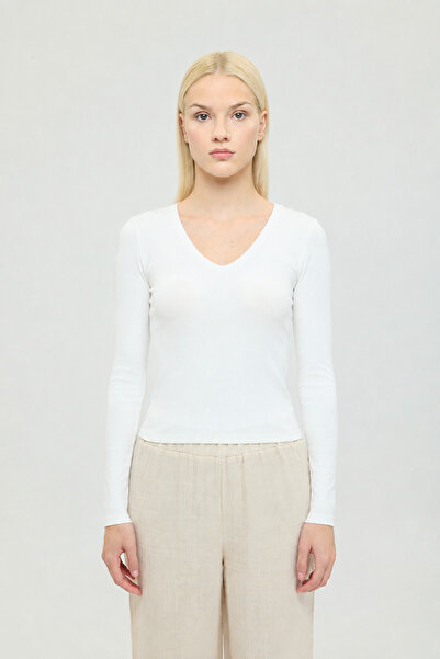 SHEISMONO Soft Rib V Yaka Bluz Ekru