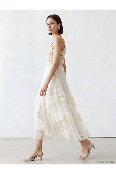 LC Waikiki Texx Store Quality U-Neck Ruffled Rope Strap Crochet Dress