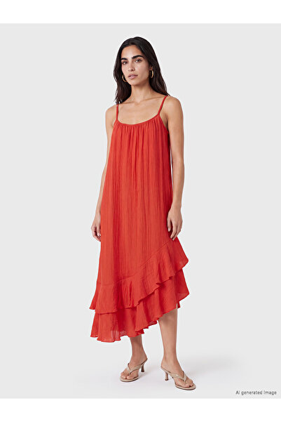 LC Waikiki Red U-Neck Ruffled Muslin Dress with Rope Straps