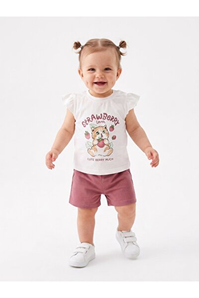 Kids Kingdom Cotton Cat Detailed 2-Piece Baby Girl Shorts Set