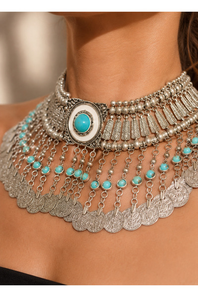 ALLONA Etnik Pul Detaylı Gösterişli Choker Kolye - Taş İşlemeli Bohem Kadın A...