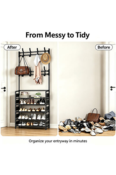 genric 2-in-1 Coat Rack Shoe Stand with 10 Hooks - 60x28x170cm Sturdy Steel & Plastic Frame, 5-Tier Storage Organizer for Entryway & Bedroom