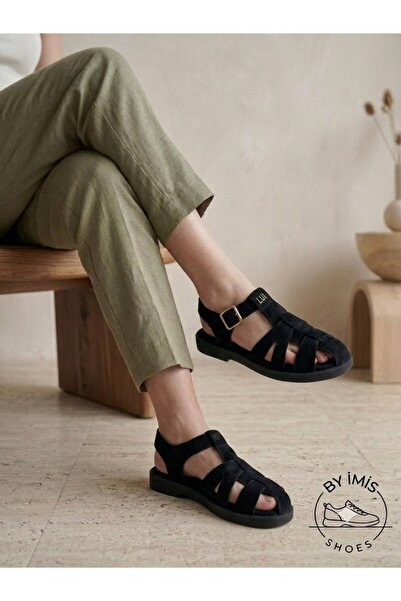 BY İMİS SHOES Black Polyurethane Flexible Sole Gladiator Closed Front Sandals