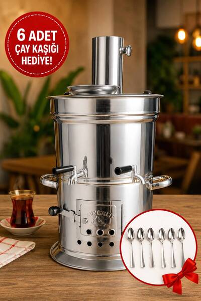 teberrik dükkan 5 Litre Paslanmaz Odunlu Kömürlü Çay Semaveri Çift Musluklu K...