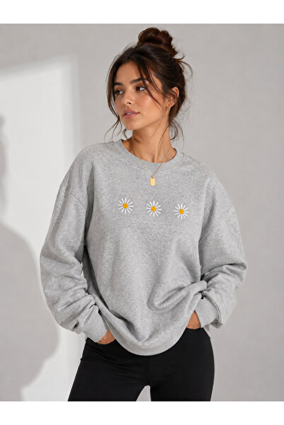 caddekombin Women's 3-Piece Daisy Printed Crew Neck Sweatshirt