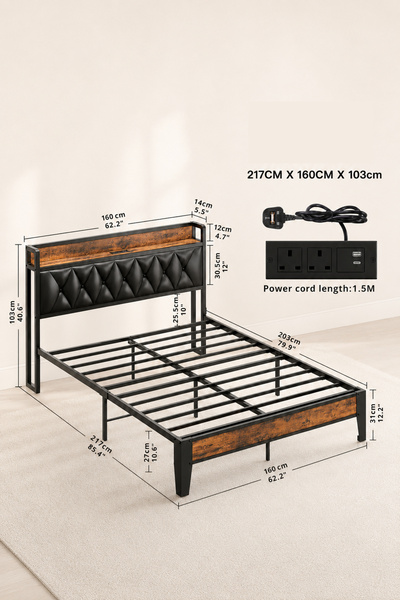 Yanara 160cm Brown-Black Bed Frame, Black Padded Storage Headboard, Outlet, E...
