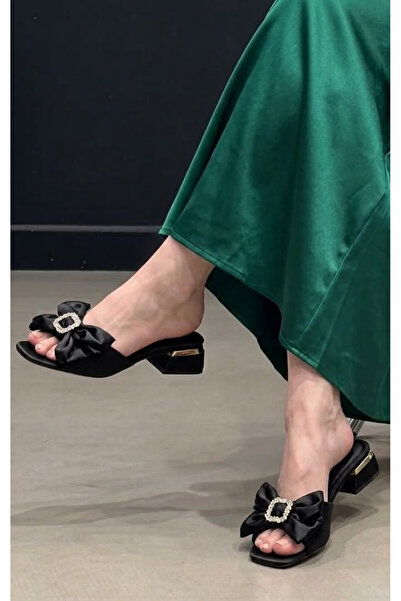 Nubbock Black Satin Bow Tie Women's Slippers (3)Cm Heeled Nk2096