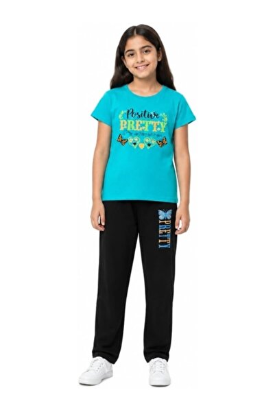 Genericc Girl's Casual Two-Piece Set Turquoise T-Shirt and Black Pants Size XL