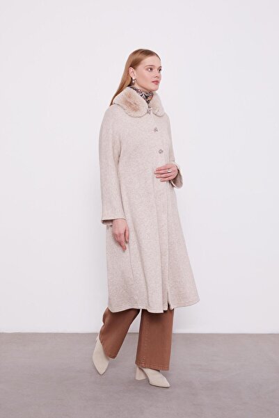 Levidor Beige Fur Collared Cashmere Cardigan