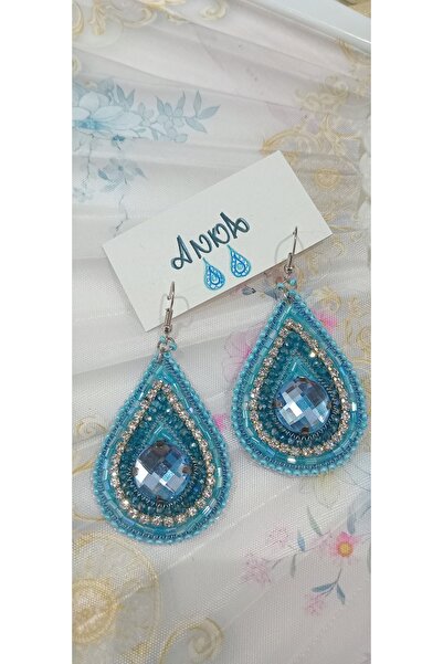 El Yapımı Damla Şeklinde Özel Tasarım Kristal İşleme Mavi Küpe (7x4cm)