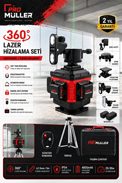 Pro Müller Alman Profesyonel Otomatik Hizalama 16 Köşe 360° Yeşil Lazer Çizgi...